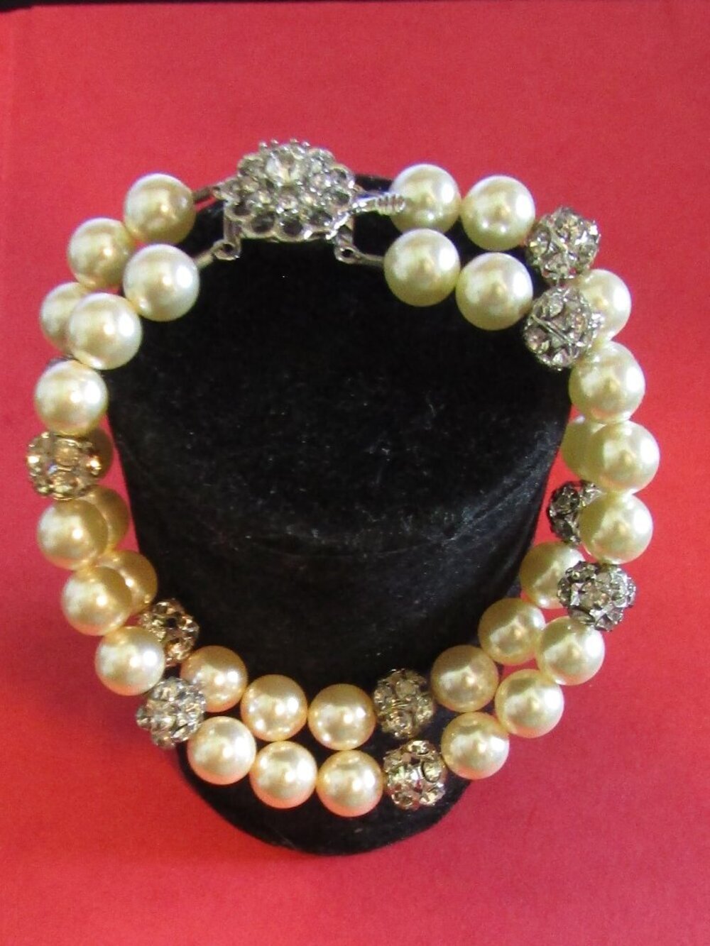Lovely Double Strand FAUX PEARL & RHINESTONE WEDDING BRACELET 8" Cocktail Party